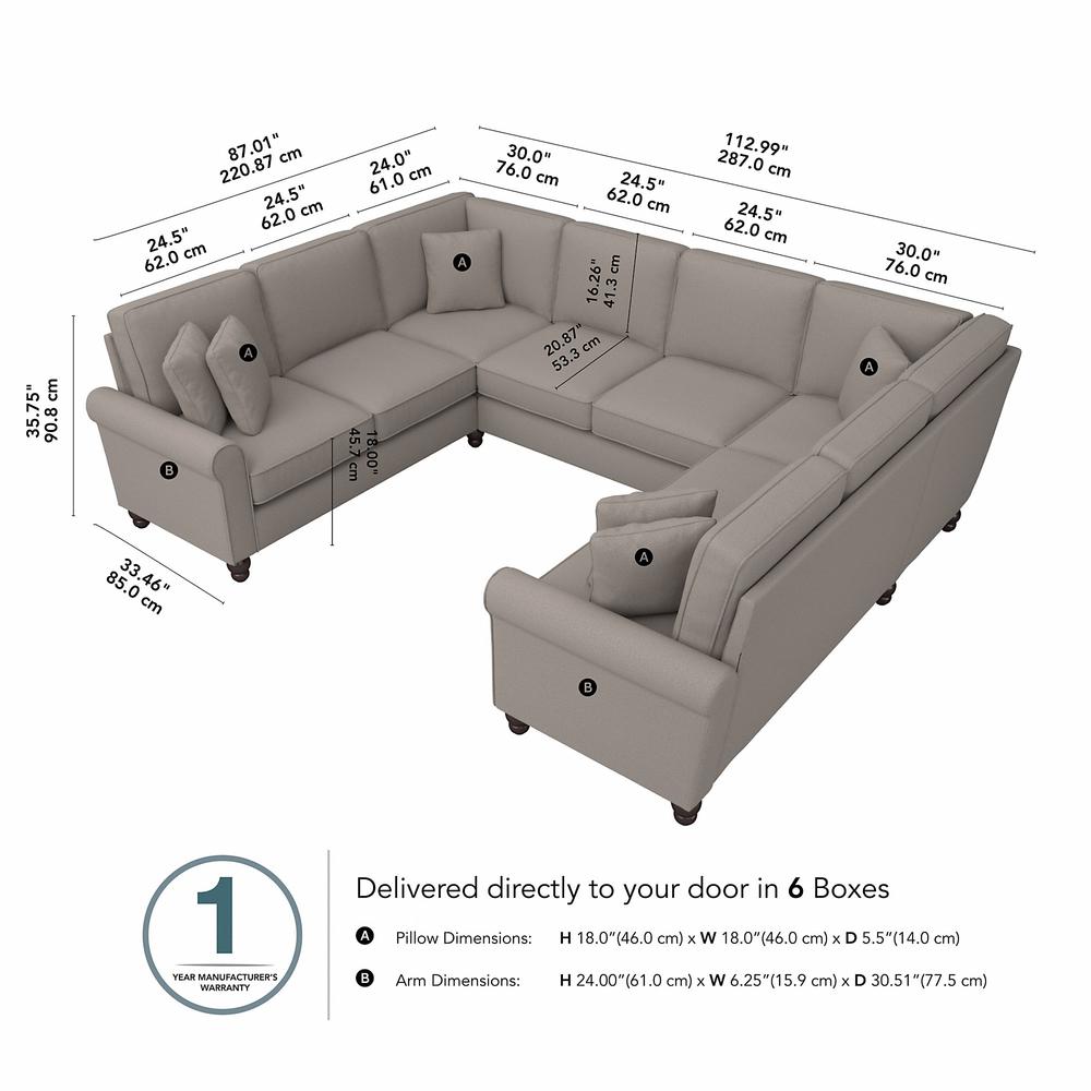 Bush Furniture Hudson 113W U Shaped Sectional Couch, Beige Herringbone Fabric. Picture 6