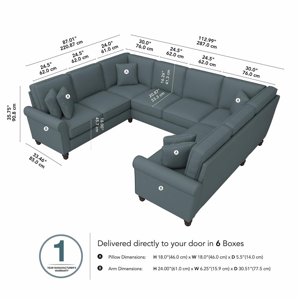 Bush Furniture Hudson 113W U Shaped Sectional Couch, Turkish Blue Herringbone Fabric. Picture 6