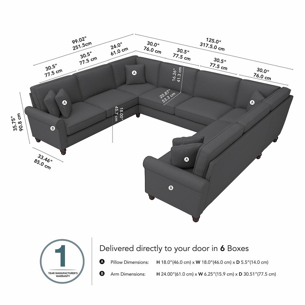 Bush Furniture Hudson 125W U Shaped Sectional Couch, Charcoal Gray Herringbone Fabric. Picture 6