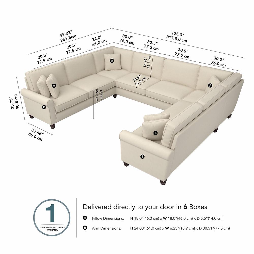 Bush Furniture Hudson 125W U Shaped Sectional Couch, Cream Herringbone Fabric. Picture 6