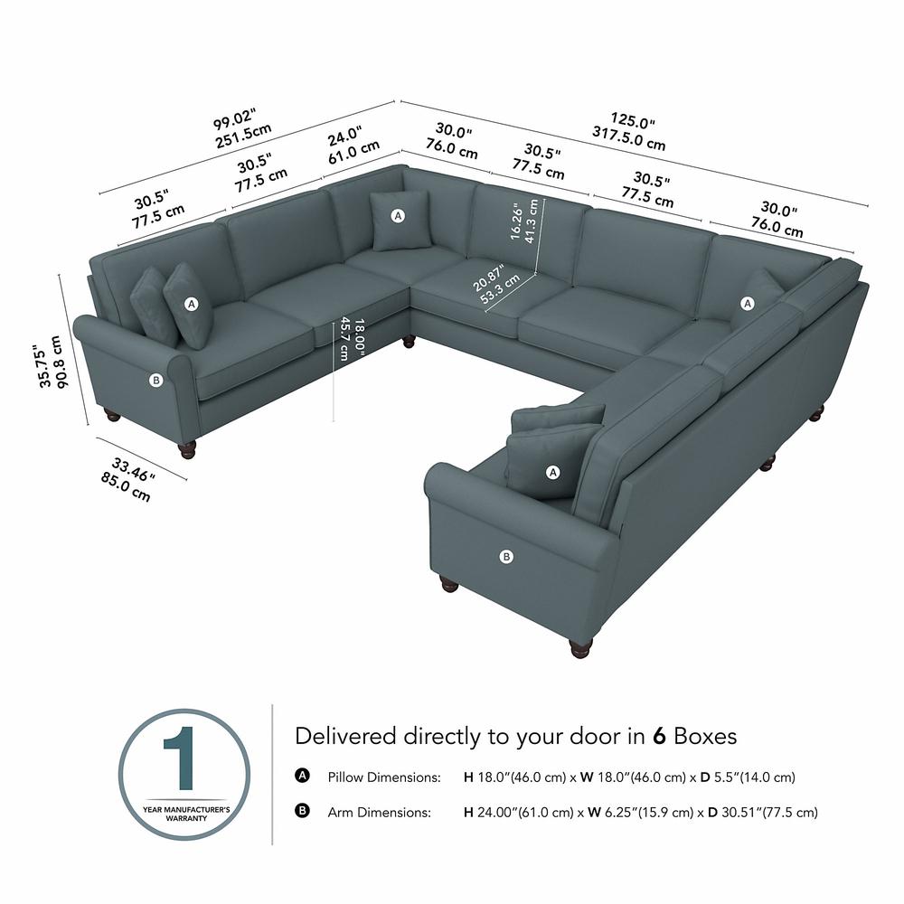 Bush Furniture Hudson 125W U Shaped Sectional Couch, Turkish Blue Herringbone Fabric. Picture 6
