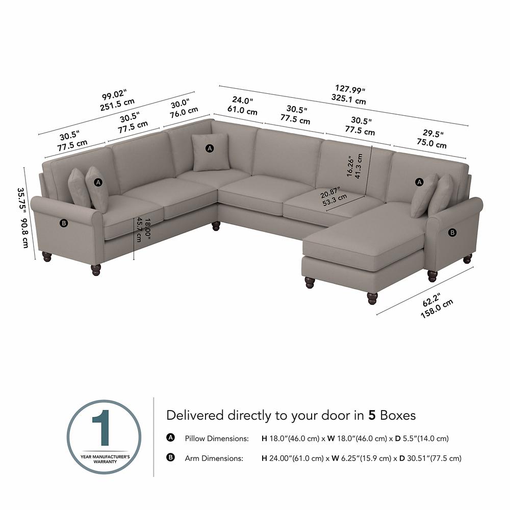 Bush Furniture Hudson 128W U Shaped Sectional Couch , Beige Herringbone Fabric. Picture 6