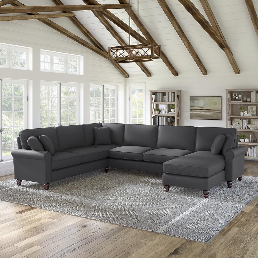 Bush Furniture Hudson 128W U Shaped Sectional Couch , Charcoal Gray Herringbone Fabric. Picture 2