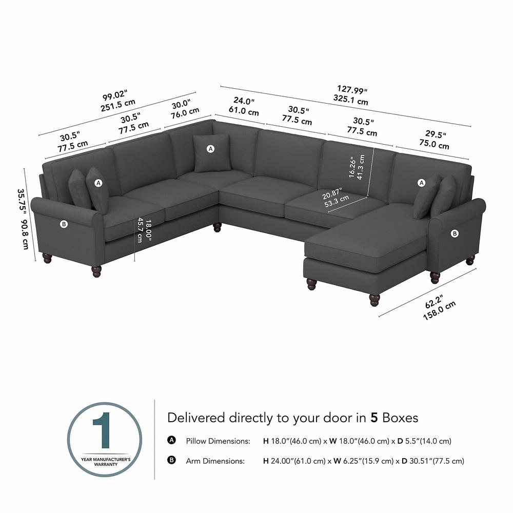 Bush Furniture Hudson 128W U Shaped Sectional Couch , Charcoal Gray Herringbone Fabric. Picture 6