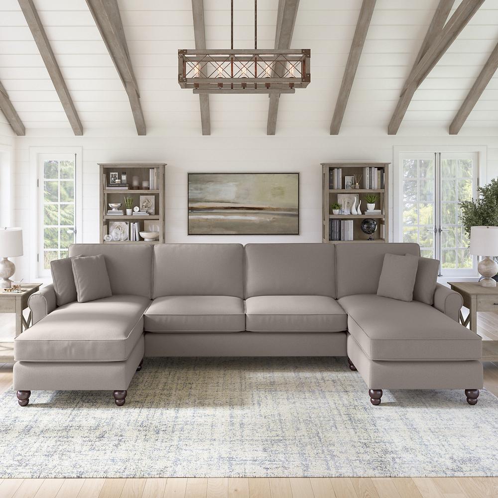Bush Furniture Hudson 131W Sectional Couch with Double Chaise Lounge, Beige Herringbone Fabric. Picture 2