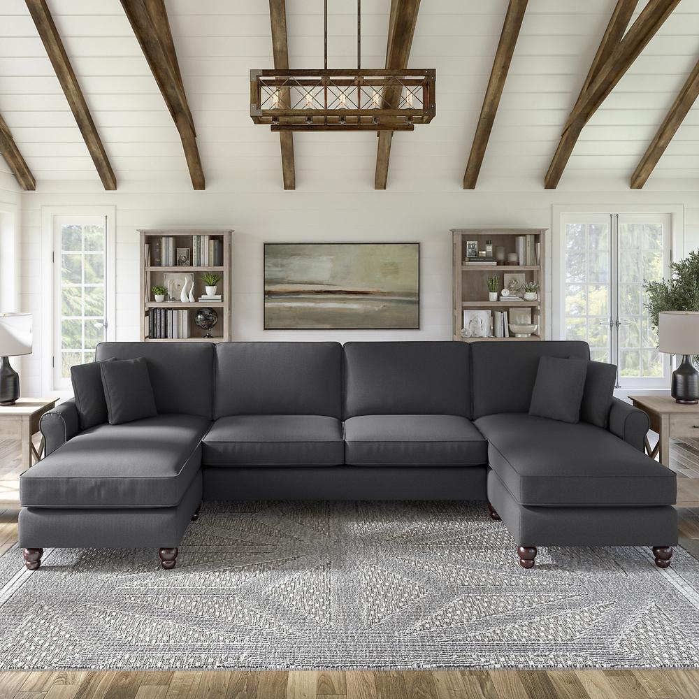 Bush Furniture Hudson 131W Sectional Couch with Double Chaise Lounge, Charcoal Gray Herringbone. Picture 2