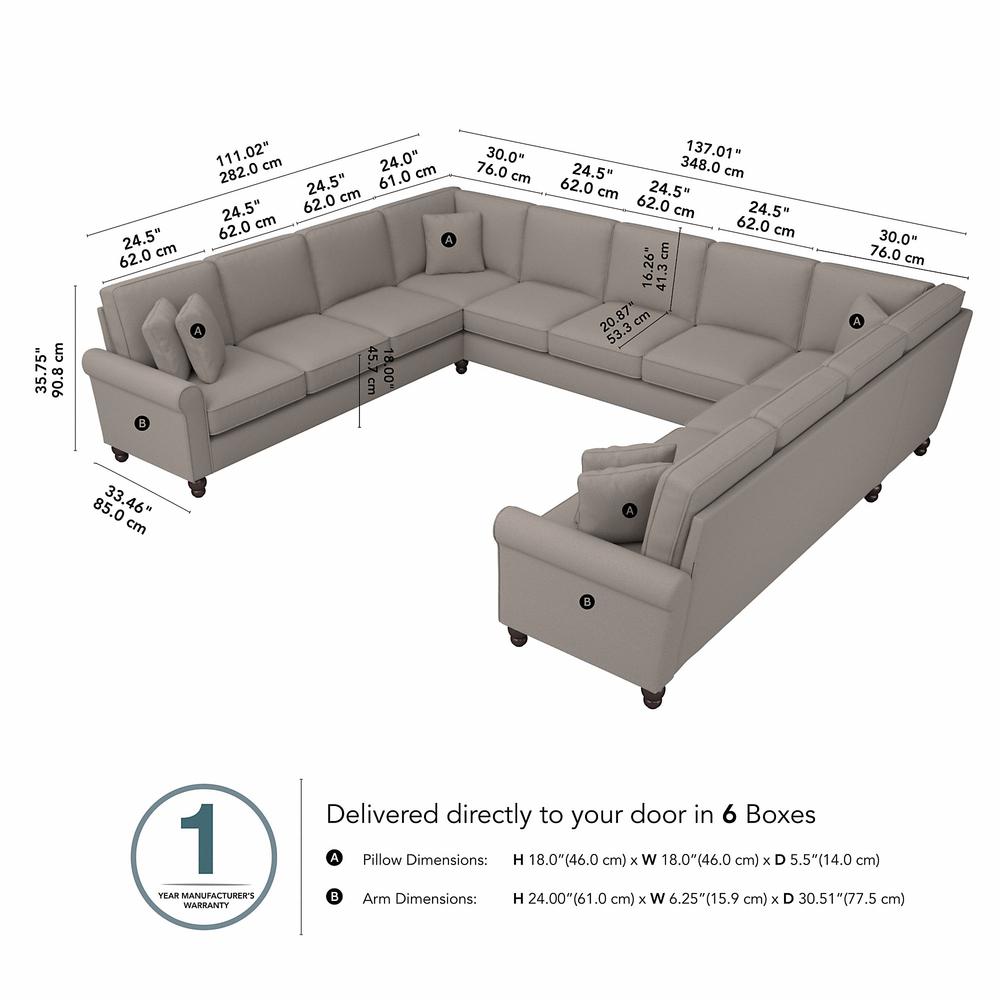 Bush Furniture Hudson 137W U Shaped Sectional Couch, Beige Herringbone Fabric. Picture 6