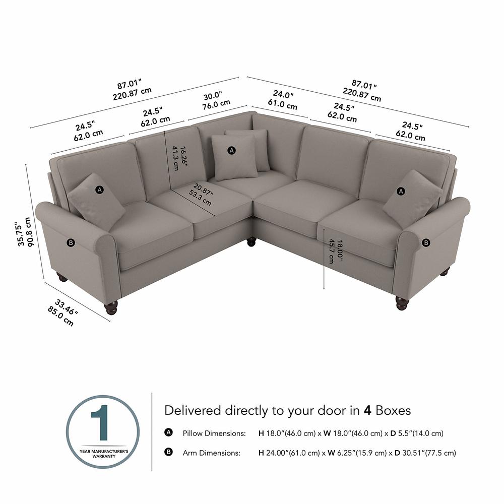 Bush Furniture Hudson 87W L Shaped Sectional Couch, Beige Herringbone Fabric. Picture 6
