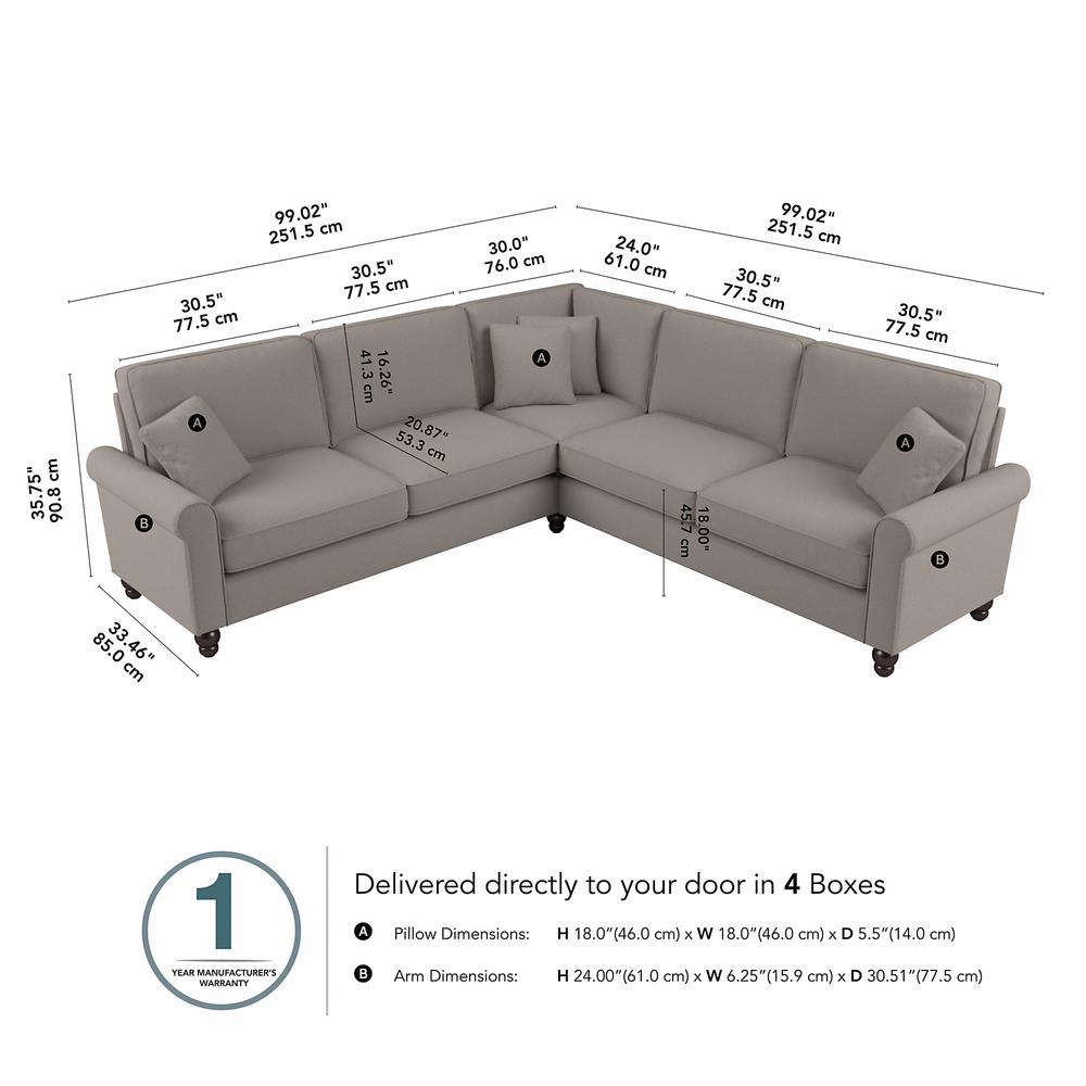 Bush Furniture Hudson 99W L Shaped Sectional Couch, Beige Herringbone Fabric. Picture 6