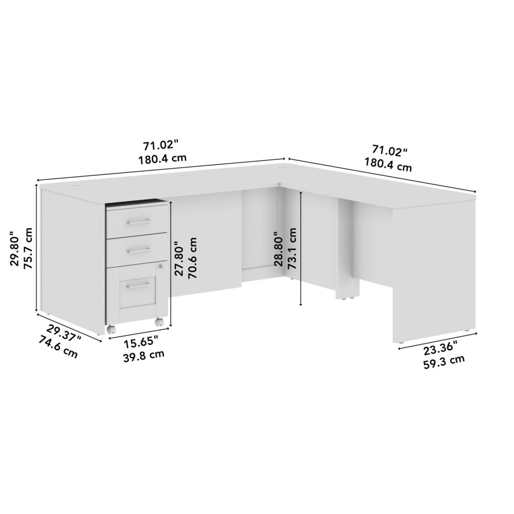 72W x 30D Executive L-Shaped Desk with 3 Drawer Mobile File Cabinet in White. Picture 7