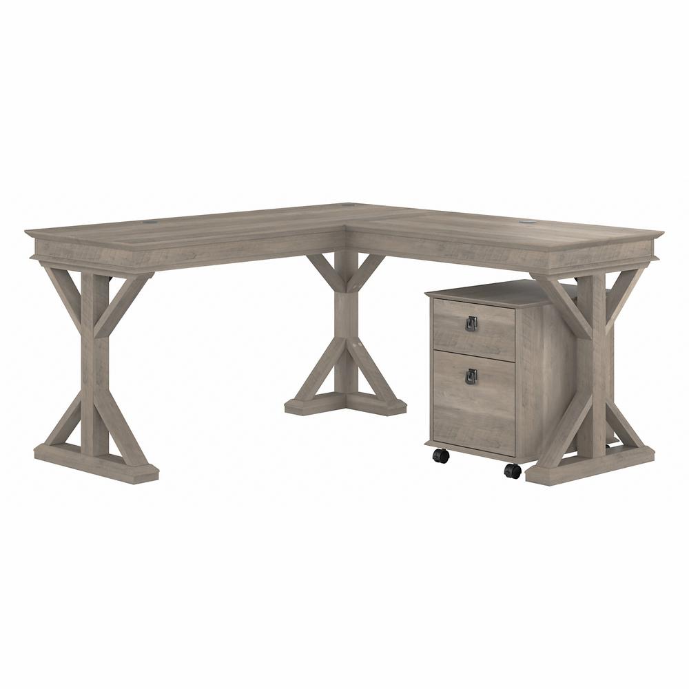 Bush Furniture Homestead 60W Farmhouse L Shaped Desk with Mobile File Cabinet, Driftwood Gray. Picture 1