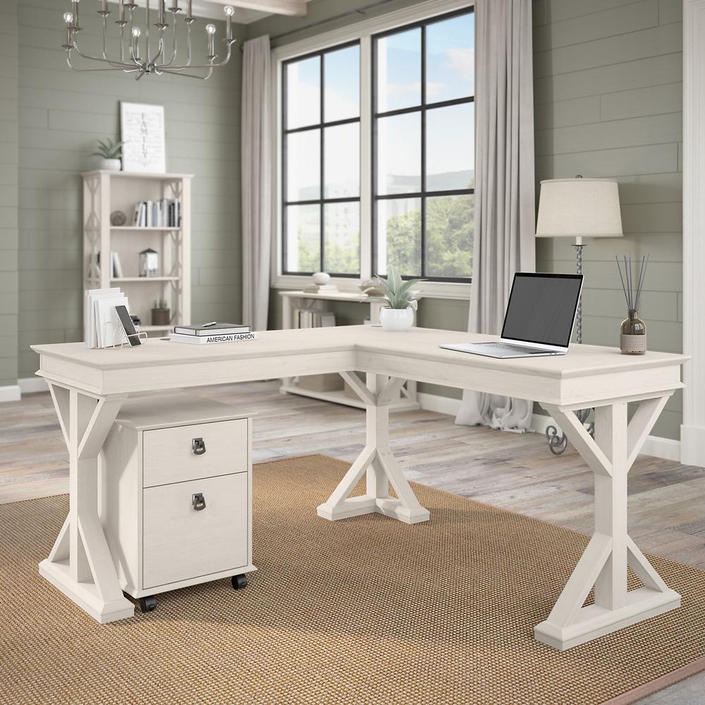 Bush Furniture Homestead 60W Farmhouse L Shaped Desk with Mobile File Cabinet, Linen White Oak. Picture 2