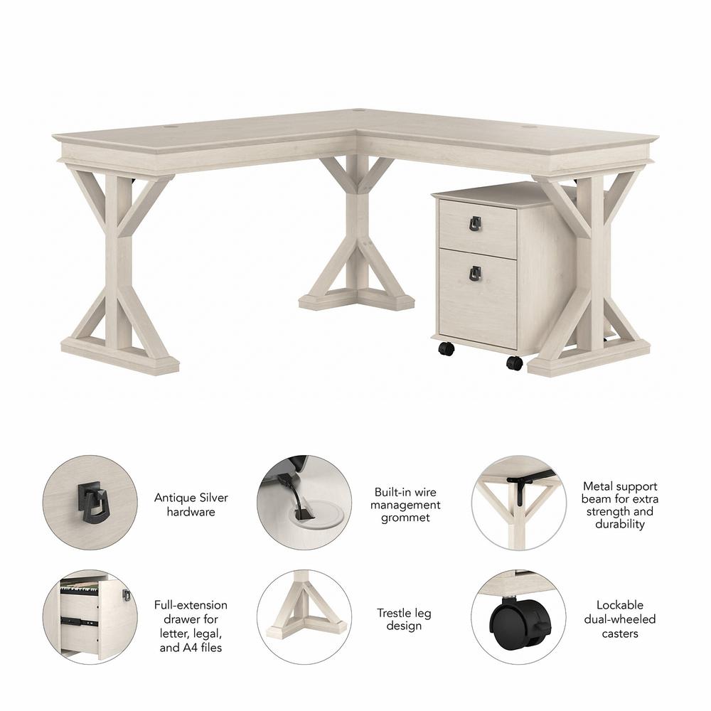 Bush Furniture Homestead 60W Farmhouse L Shaped Desk with Mobile File Cabinet, Linen White Oak. Picture 3