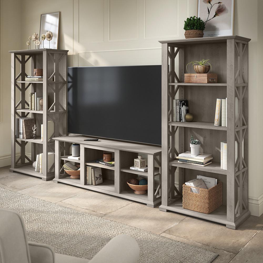 Bush Furniture Homestead Farmhouse TV Stand for 70 Inch TV with 4 Shelf Bookcases, Driftwood Gray. Picture 2