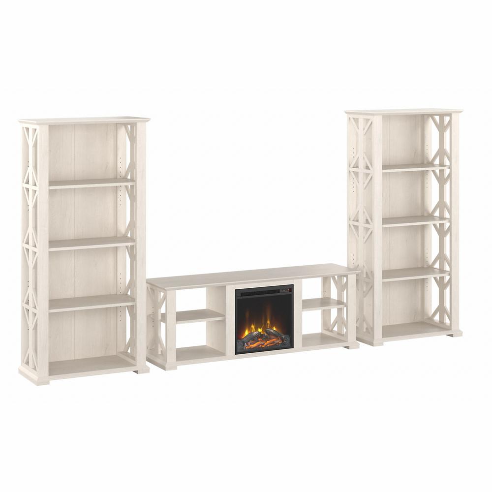 Bush Furniture Homestead Farmhouse TV Stand for 70 Inch TV with Fireplace Insert and 4 Shelf Bookcases, Linen White Oak. Picture 1