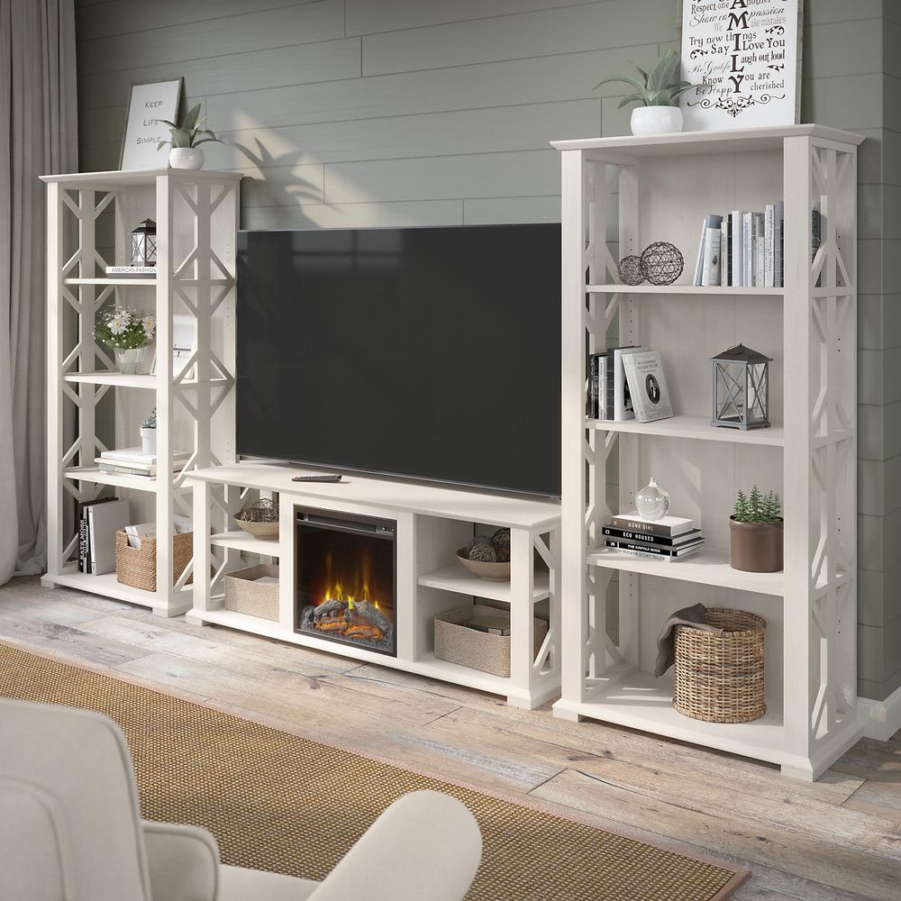 Bush Furniture Homestead Farmhouse TV Stand for 70 Inch TV with Fireplace Insert and 4 Shelf Bookcases, Linen White Oak. Picture 2