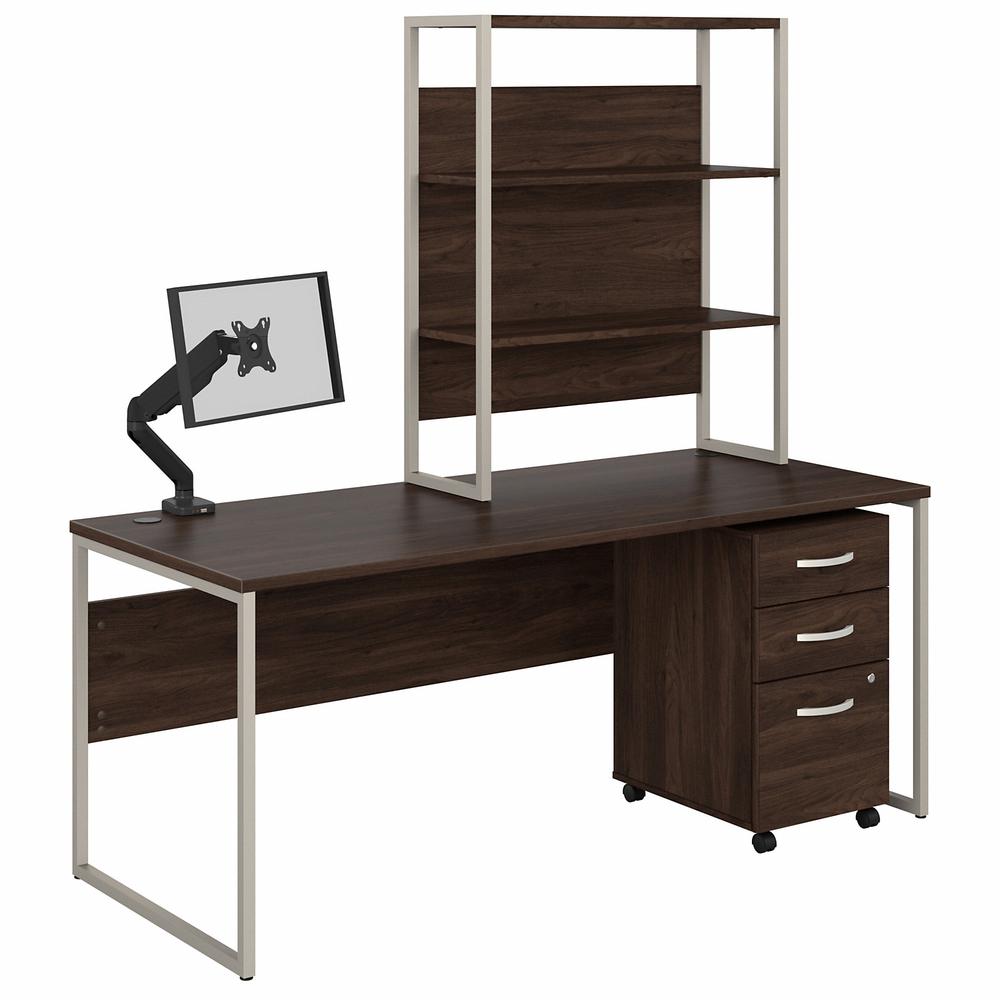 Bush Business Furniture Hybrid 72W x 30D Computer Desk with Hutch, Mobile File Cabinet and Monitor Arm in Black Walnut. Picture 1