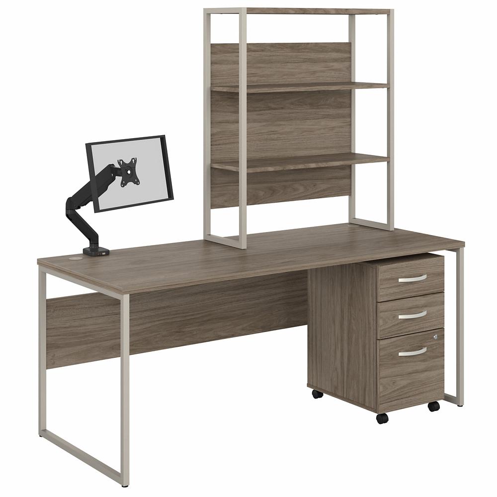 Bush Business Furniture Hybrid 72W x 30D Computer Desk with Hutch, Mobile File Cabinet and Monitor Arm in Modern Hickory. Picture 1