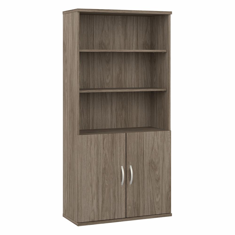 Bush Business Furniture Hybrid Tall 5 Shelf Bookcase with Doors, Modern Hickory. Picture 1