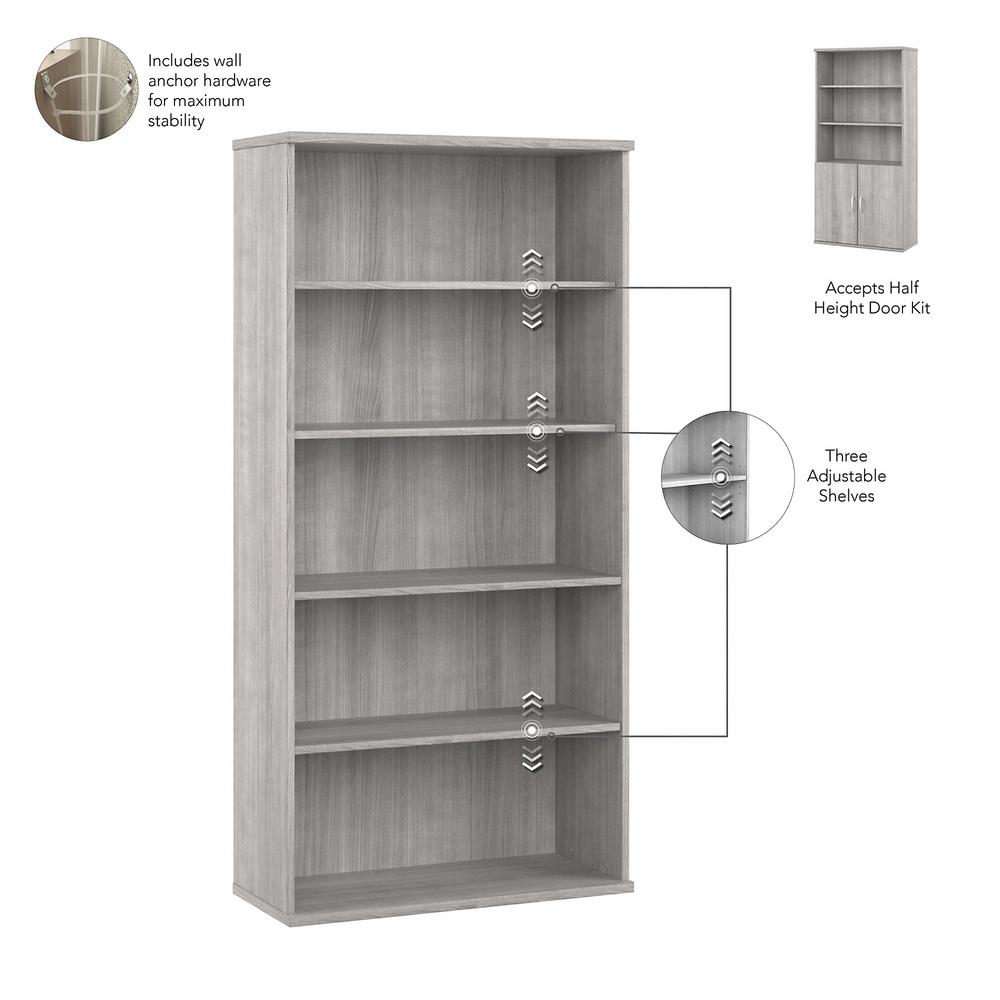 Bush Business Furniture Hybrid Tall 5 Shelf Bookcase with Doors - Platinum Gray. Picture 3