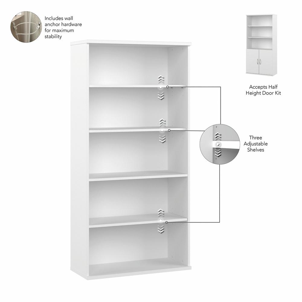 Bush Business Furniture Hybrid Tall 5 Shelf Bookcase with Doors - White. Picture 3