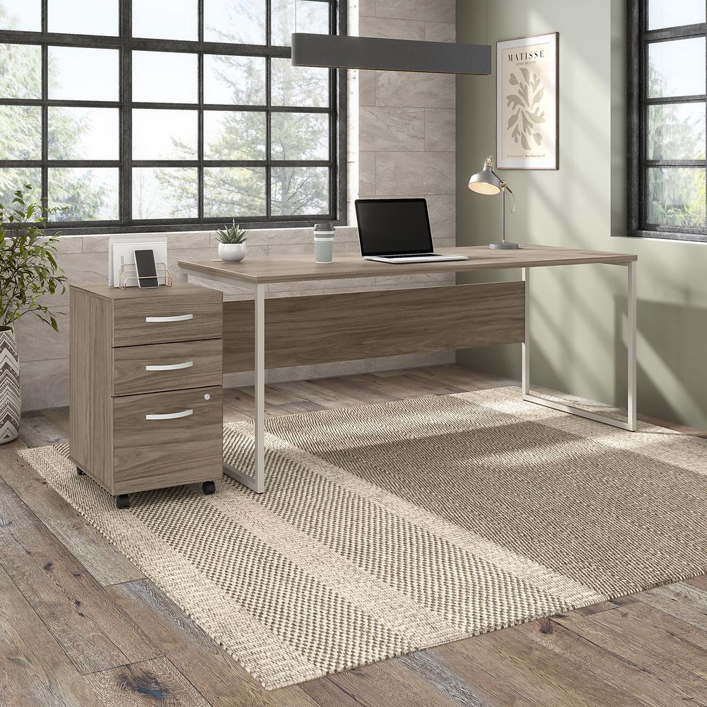 Bush Business Furniture Hybrid 72W x 30D Computer Table Desk with 3 Drawer Mobile File Cabinet, Modern Hickory. Picture 2