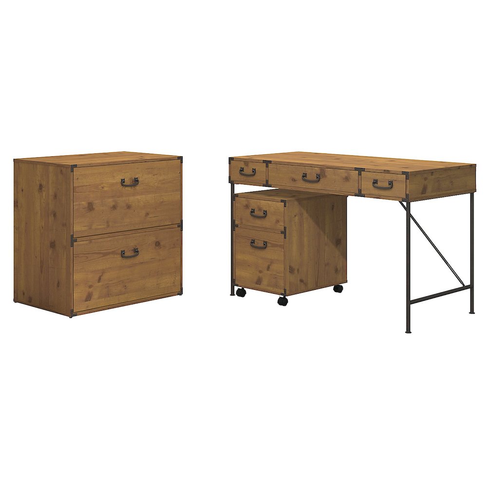kathy ireland® Home by Bush Furniture Ironworks 48W Writing Desk, 2 Drawer Mobile File, and Lateral File, Vintage Golden Pine. The main picture.
