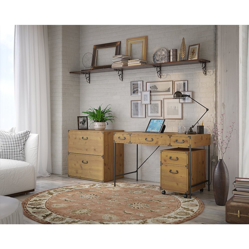 kathy ireland® Home by Bush Furniture Ironworks 48W Writing Desk, 2 Drawer Mobile File, and Lateral File, Vintage Golden Pine. Picture 2