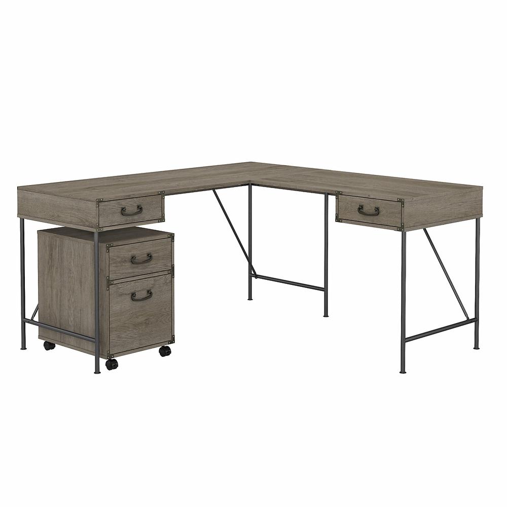 kathy ireland® Home by Bush Furniture Ironworks 60W L Shaped Writing Desk with 2 Drawer Mobile File Cabinet, Restored Gray. The main picture.