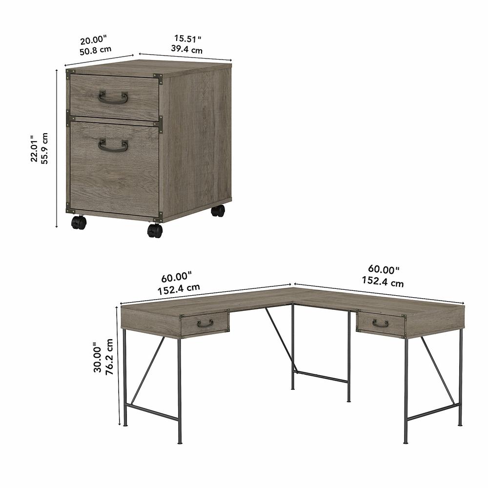 kathy ireland® Home by Bush Furniture Ironworks 60W L Shaped Writing Desk with 2 Drawer Mobile File Cabinet, Restored Gray. Picture 6