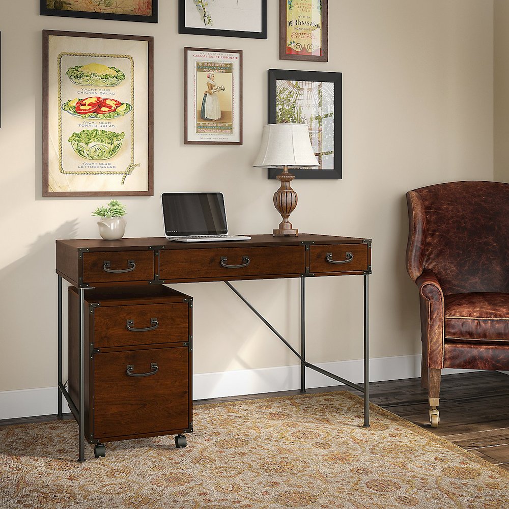 kathy ireland® Home by Bush Furniture Ironworks 48W Writing Desk, Coastal Cherry. Picture 10