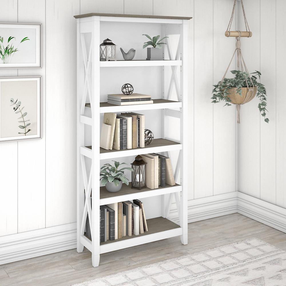 Key West Tall 5 Shelf Bookcase in Pure White and Shiplap Gray. Picture 2