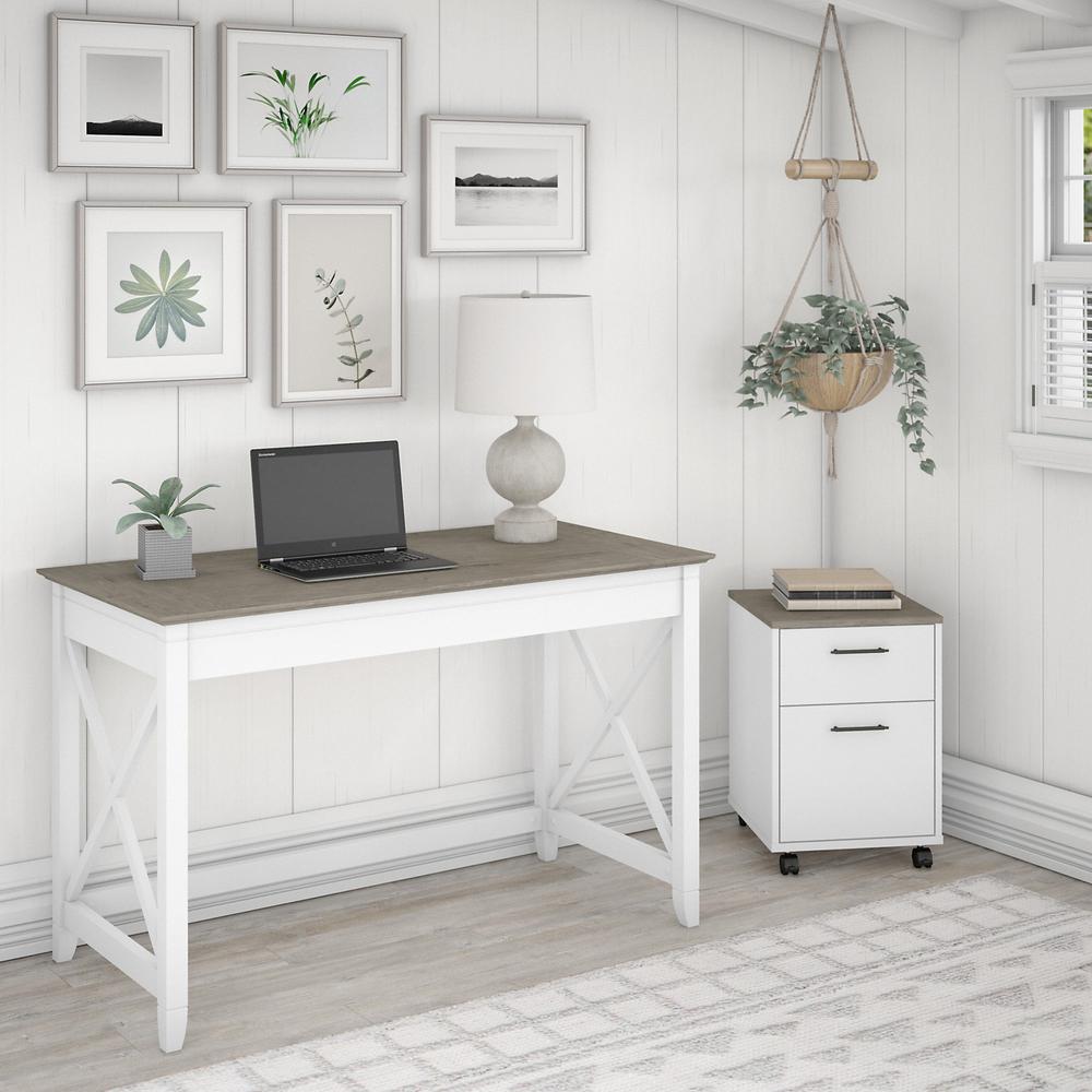 Bush Furniture Key West 48W Writing Desk with 2 Drawer Mobile File Cabinet in Pure White and Shiplap Gray. Picture 2