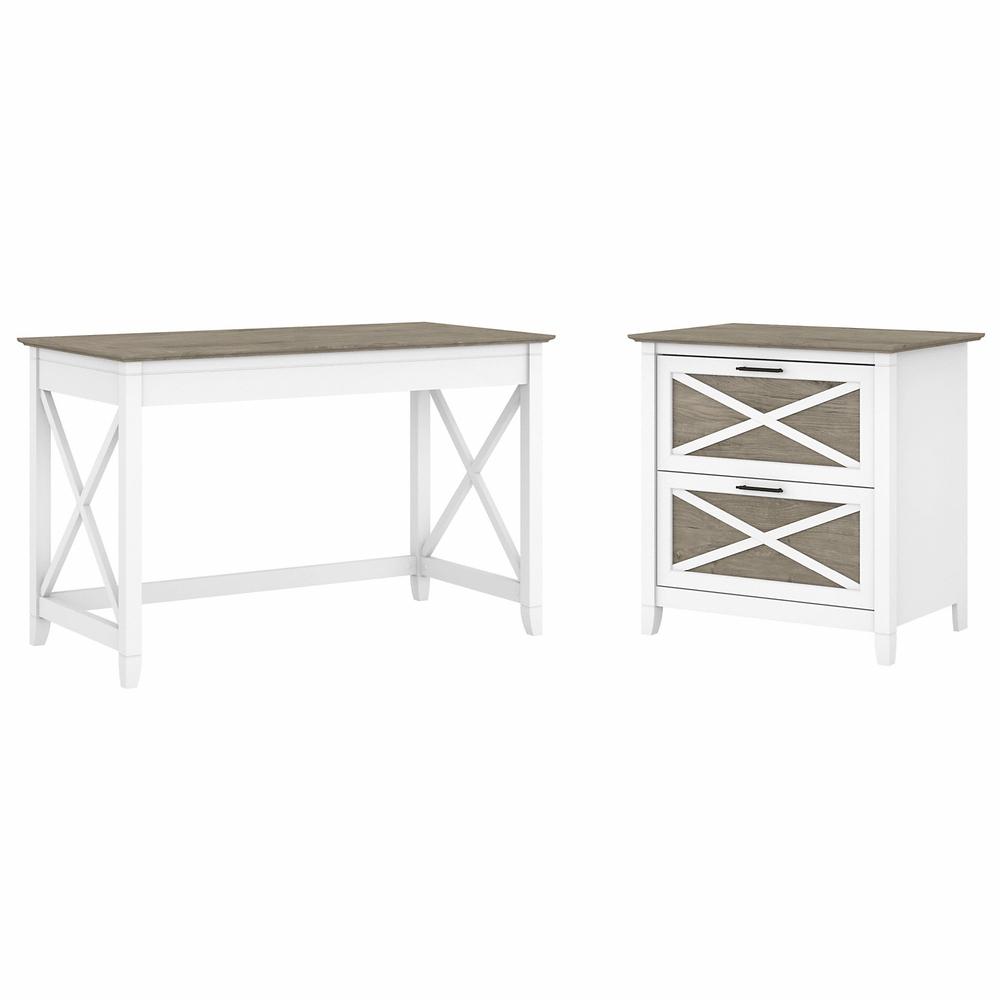 Bush Furniture Key West 48W Writing Desk with 2 Drawer Lateral File Cabinet in Pure White and Shiplap Gray. Picture 1