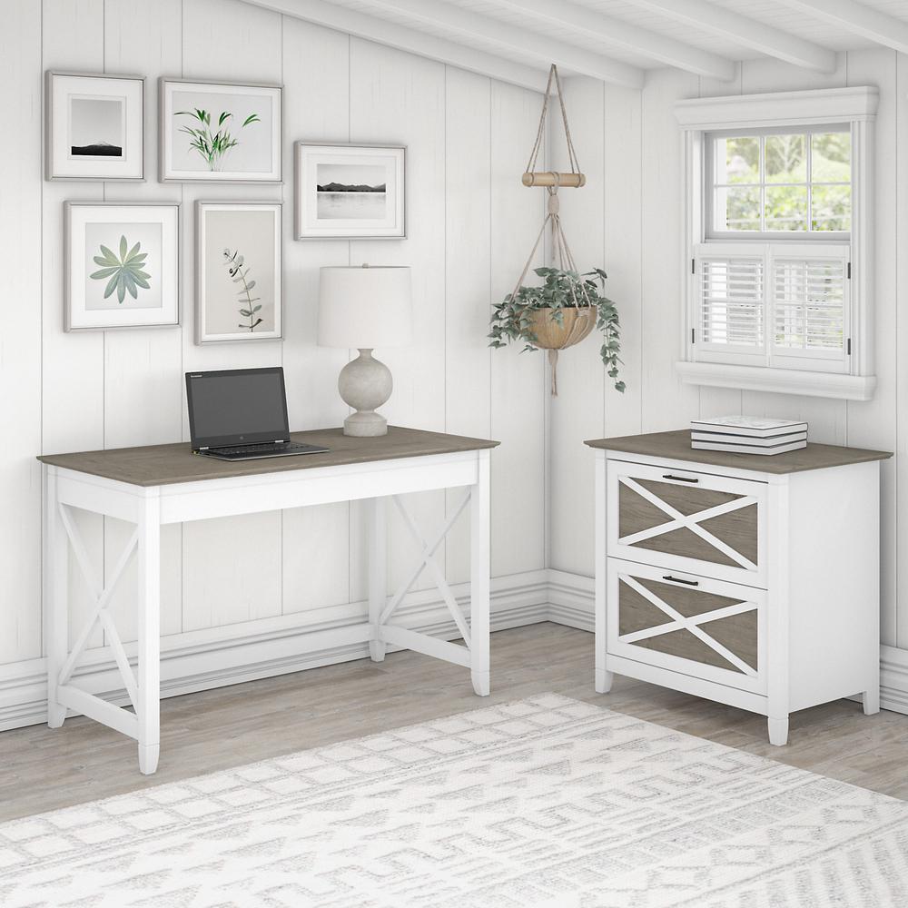 Bush Furniture Key West 48W Writing Desk with 2 Drawer Lateral File Cabinet in Pure White and Shiplap Gray. Picture 2