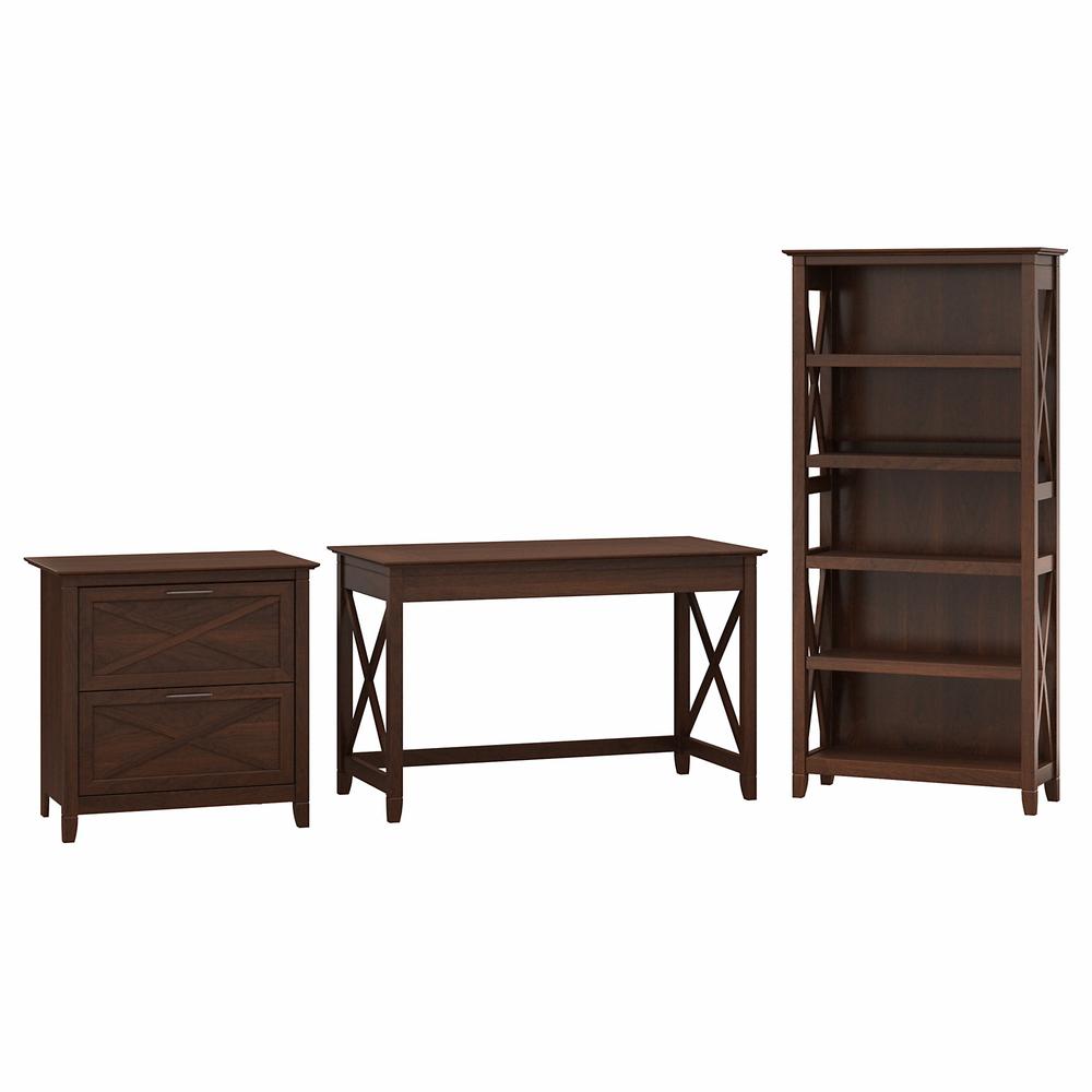 Bush Furniture Key West 48W Writing Desk with 2 Drawer Lateral File Cabinet and 5 Shelf Bookcase, Bing Cherry. Picture 1
