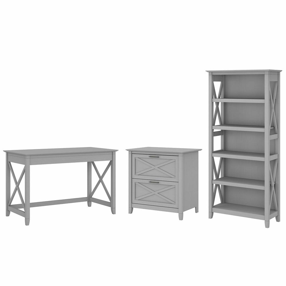 Bush Furniture Key West 48W Writing Desk with 2 Drawer Lateral File Cabinet and 5 Shelf Bookcase, Cape Cod Gray. Picture 1