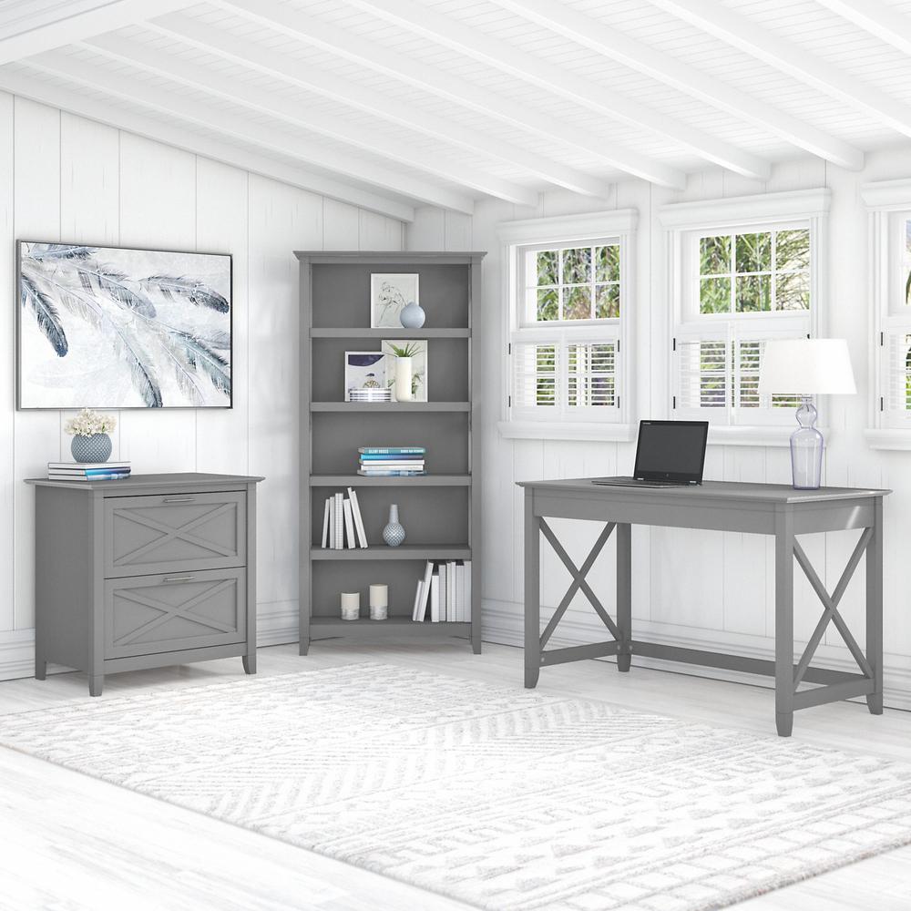 Bush Furniture Key West 48W Writing Desk with 2 Drawer Lateral File Cabinet and 5 Shelf Bookcase, Cape Cod Gray. Picture 6