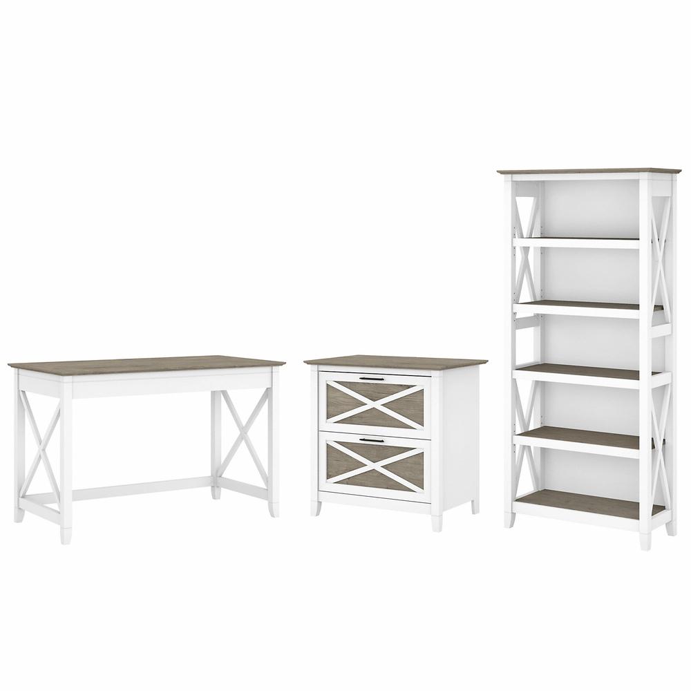 Bush Furniture Key West 48W Writing Desk with 2 Drawer Lateral File Cabinet and 5 Shelf Bookcase, Shiplap Gray/Pure White. Picture 1