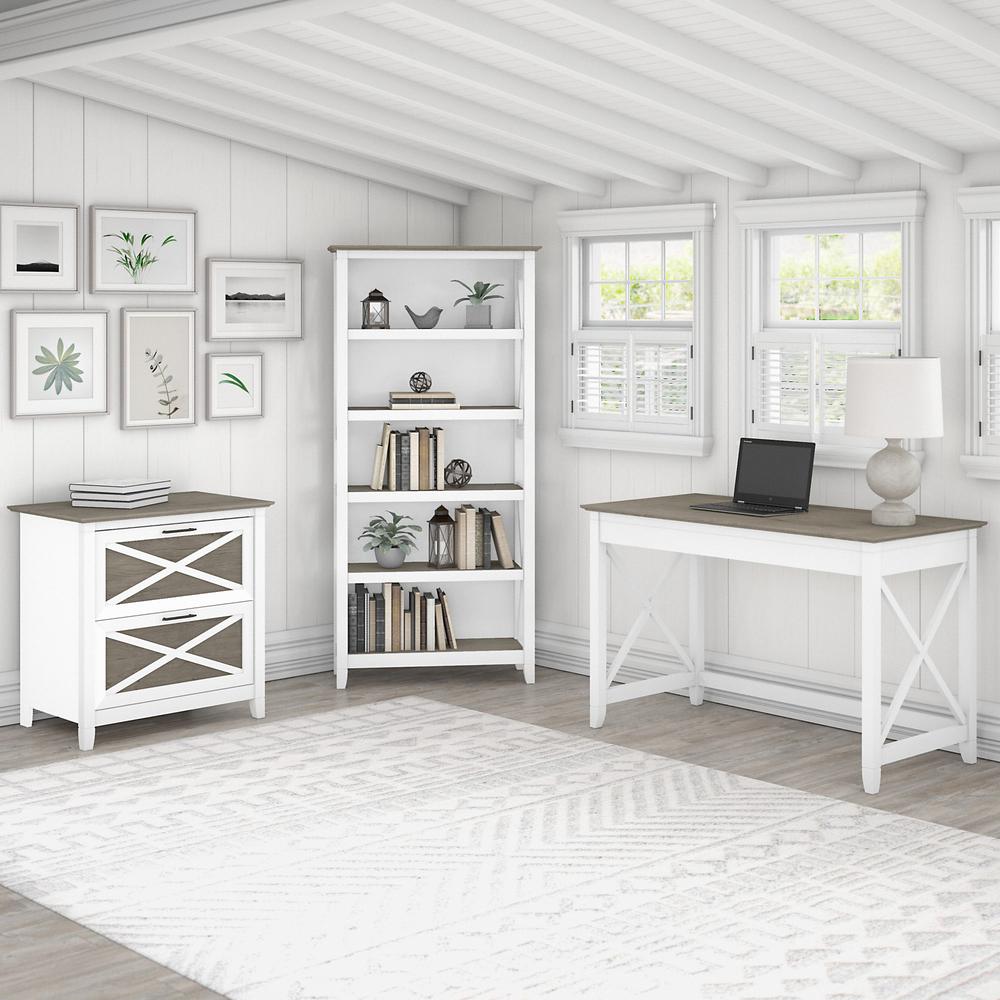 Bush Furniture Key West 48W Writing Desk with 2 Drawer Lateral File Cabinet and 5 Shelf Bookcase, Shiplap Gray/Pure White. Picture 2