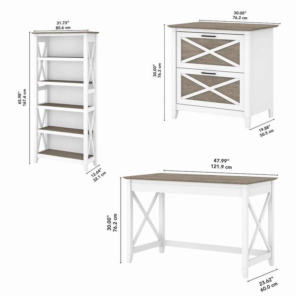 Bush Furniture Key West 48W Writing Desk with 2 Drawer Lateral File Cabinet and 5 Shelf Bookcase, Shiplap Gray/Pure White. Picture 5