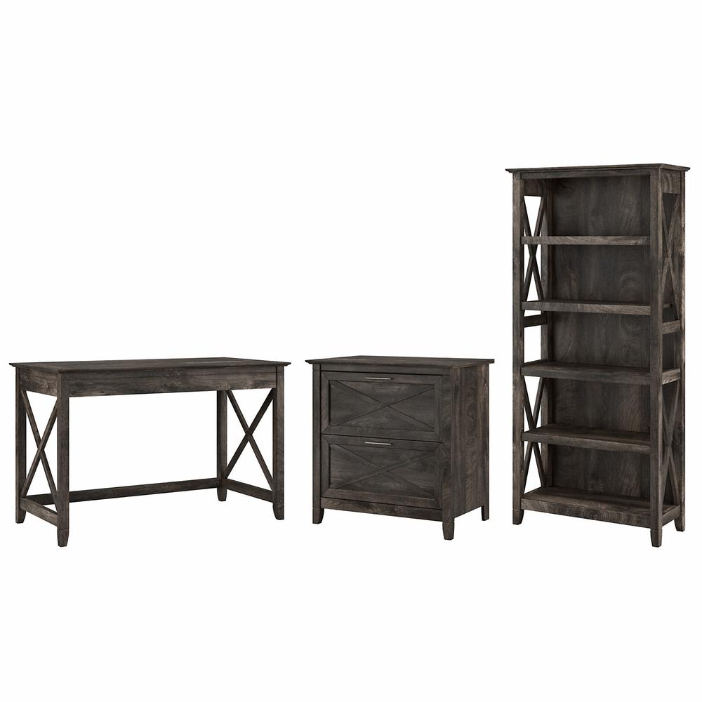 Bush Furniture Key West 48W Writing Desk with 2 Drawer Lateral File Cabinet and 5 Shelf Bookcase, Dark Gray Hickory. Picture 1