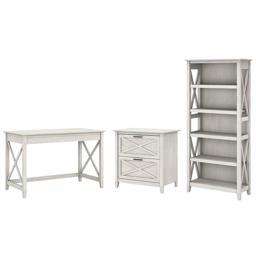 Bush Furniture Key West 48W Writing Desk with 2 Drawer Lateral File Cabinet and 5 Shelf Bookcase, Linen White Oak. Picture 1