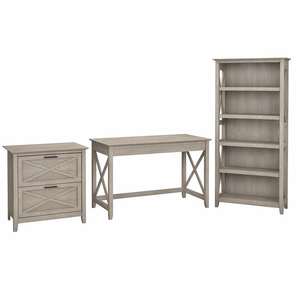 Bush Furniture Key West 48W Writing Desk with 2 Drawer Lateral File Cabinet and 5 Shelf Bookcase, Washed Gray. Picture 1