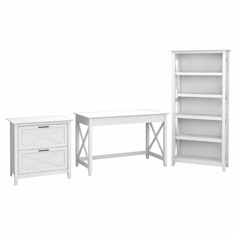 Bush Furniture Key West 48W Writing Desk with 2 Drawer Lateral File Cabinet and 5 Shelf Bookcase in Pure White Oak. Picture 1