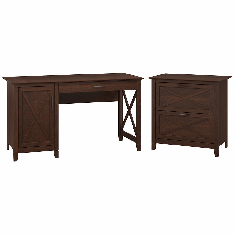 Bush Furniture Key West 54W Computer Desk with Storage and 2 Drawer Lateral File Cabinet, Bing Cherry. Picture 1