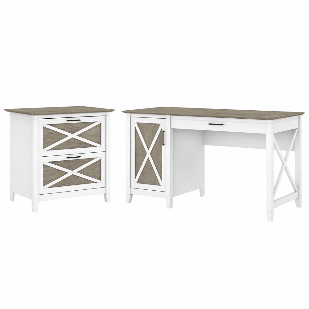 Bush Furniture Key West 54W Computer Desk with Storage and 2 Drawer Lateral File Cabinet, Shiplap Gray/Pure White. Picture 1