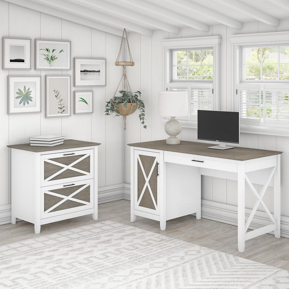 Bush Furniture Key West 54W Computer Desk with Storage and 2 Drawer Lateral File Cabinet, Shiplap Gray/Pure White. Picture 2