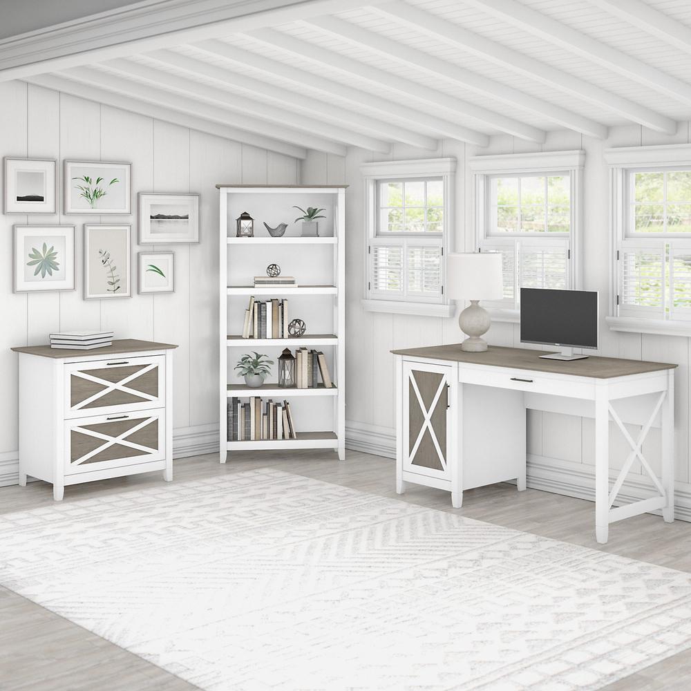 Bush Furniture Key West 54W Computer Desk with 2 Drawer Lateral File Cabinet and 5 Shelf Bookcase, Shiplap Gray/Pure White. Picture 2