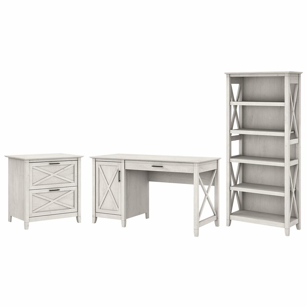 Bush Furniture Key West 54W Computer Desk with 2 Drawer Lateral File Cabinet and 5 Shelf Bookcase, Linen White Oak. Picture 1